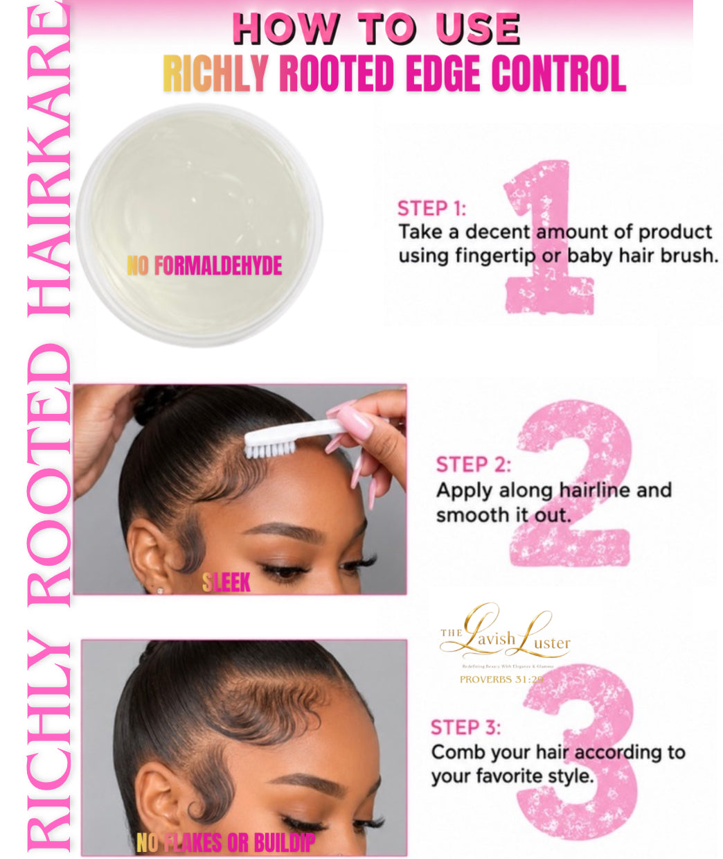 An instructional graphic titled 'HOW TO USE RICHLY ROOTED EDGE CONTROL' showing a jar of translucent hair product, three numbered steps with a hand applying the product along a hairline, and vertical text reading 'RICHLY ROOTED HAIRKARE.'.