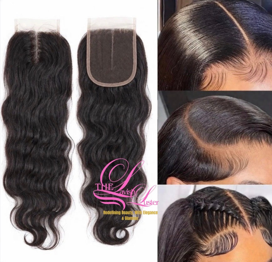 Human hair extensions with a closure, featuring 'The Lavish Luster' brand.