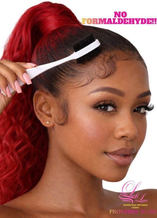 Woman with red hair being styled with a white comb, featuring Richly Rooted Edge Control 'No Formaldehyde!!'.