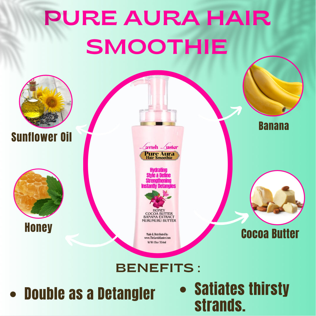 Pure Aura Hair Smoothie this is an opulent leave-in styling milk that bestows both beauty and nourishment upon your hair! This meticulously crafted product aids in hair management by banishing frizz, repairing damaged strands, and elevating curl patterns and definition. Our Hair Smoothie satiates thirsty strands, hydrates scalps, and imparts strength, hydration, and a radiant luster to all hair types. Put an end to excessive shedding and rediscover the beauty of your hair! DOUBLES as a DETANGLER!