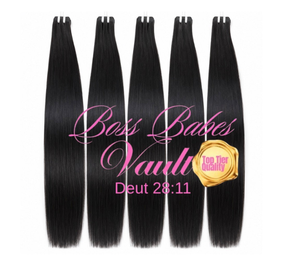 Five bundles of black hair extensions with 'Boss Babes Vault' branding on a white background.