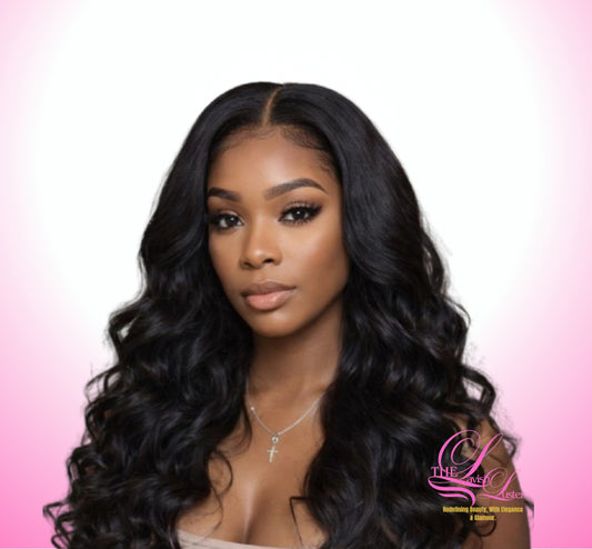 Woman with long, body wave lace front wig 