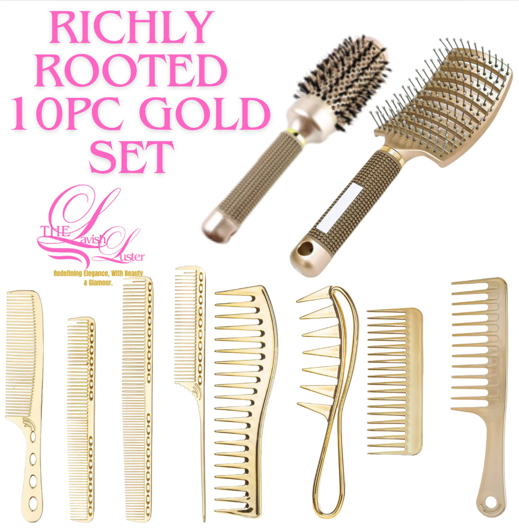 10-piece gold hair comb and brush set with ergonomic handles for styling, curling, and detangling