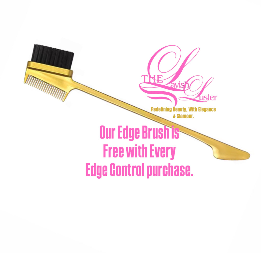Gold edge brush with black bristle end on a white background, featuring 'The Lavish Luster' brand.