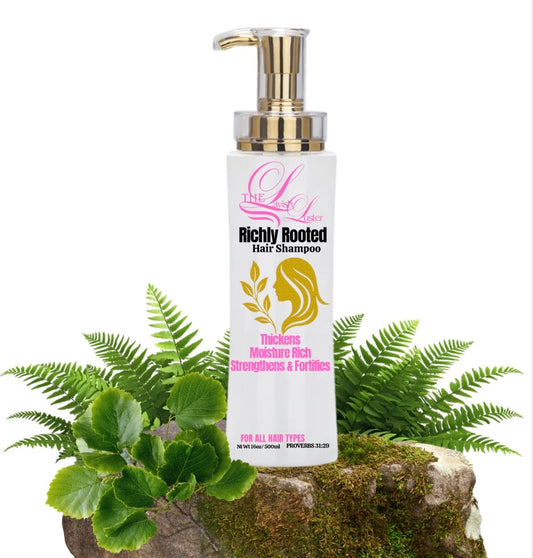 Shampoo bottle labeled 'Richly Rooted' with green foliage on a white background
