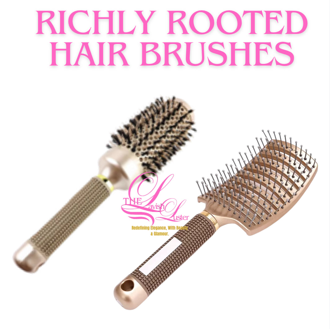 Anti-slip ergonomic handle on gold hairbrush for comfortable grip and control