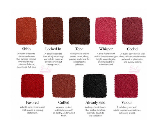A color swatch chart displaying nine different lip linerslabeled 'Shhh', 'Locked In', 'Tone', 'Whisper', 'Coded', 'Favored', 'Cuffed', 'Already Said', and 'Valour' with descriptive text on a white background.