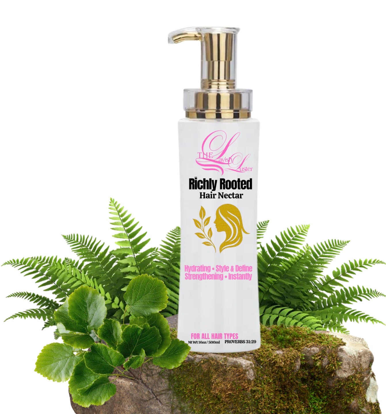Hair care product labeled 'Richly Rooted Hair Nectar' with green foliage on a white background