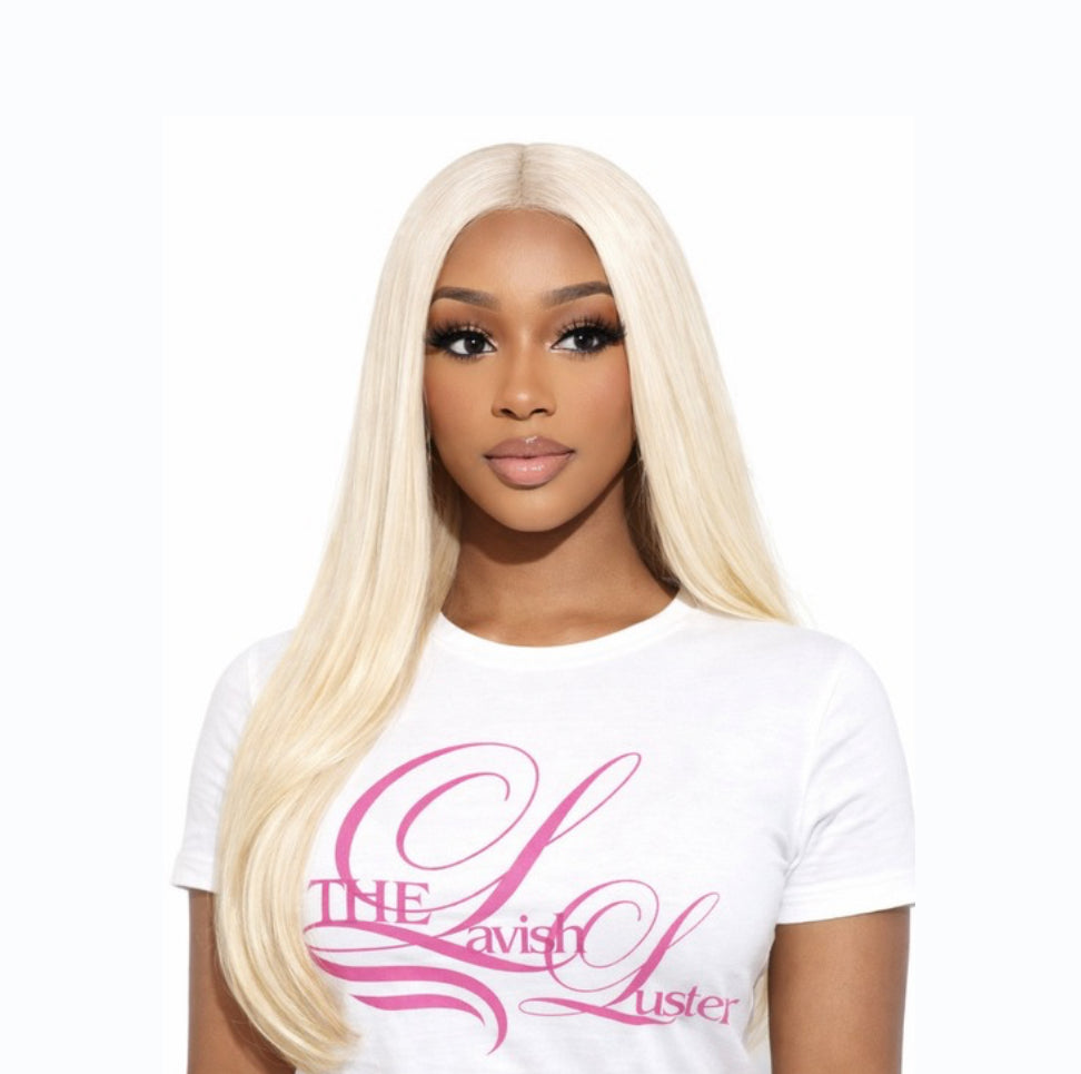 Woman with long platinum blonde wig from Jamaica 