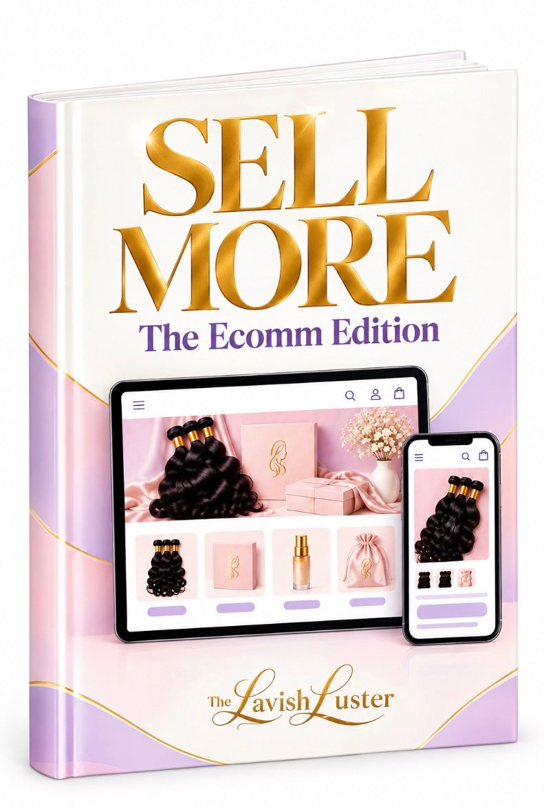 a book titled 'SELL MORE The Ecomm Edition' by The Lavish Luster, shown in a 3D perspective with a tablet and smartphone displaying an online store interface. The book cover is white with gold and purple accents.
