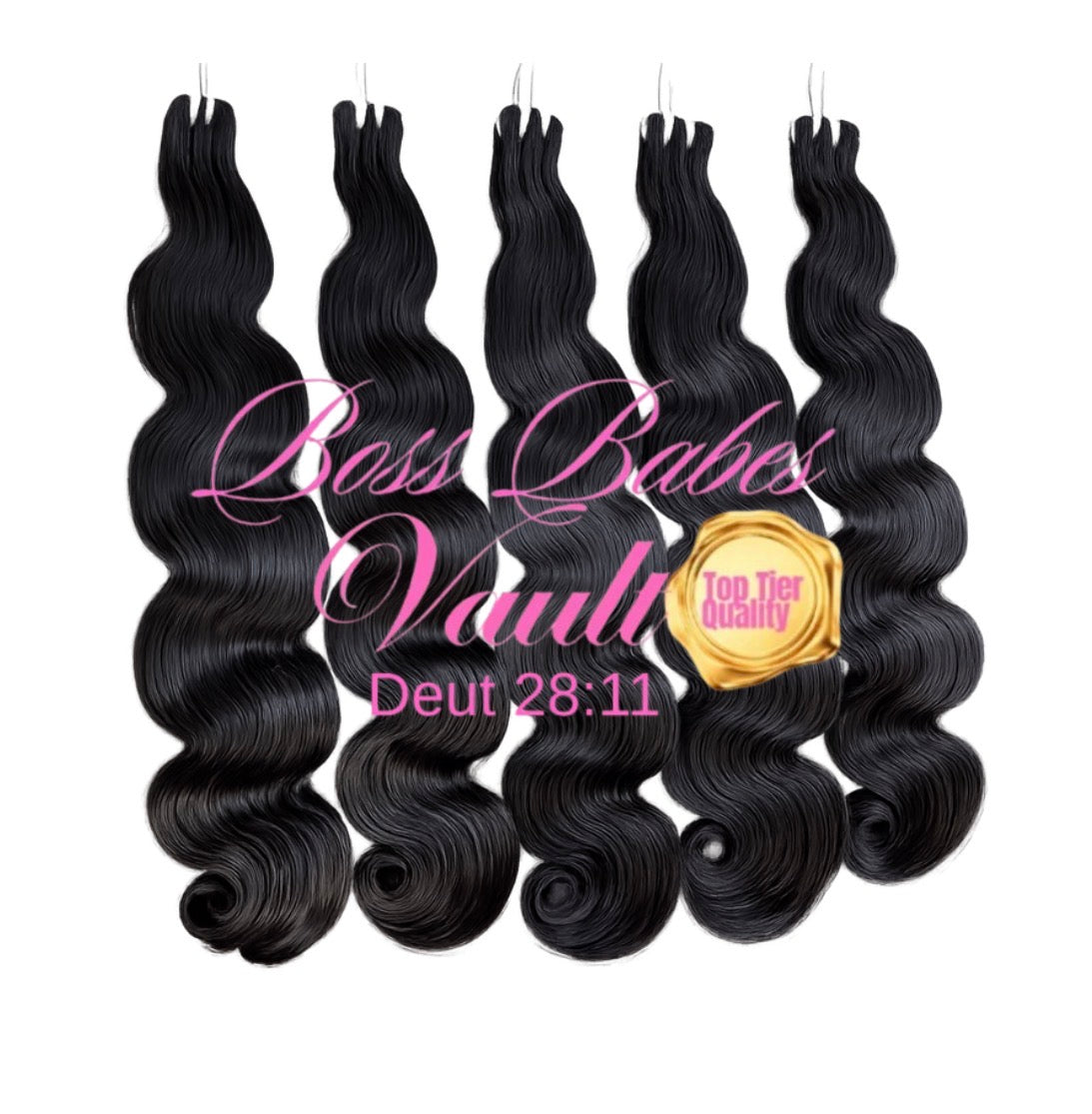 Five bundles of black hair extensions with 'Boss Babes Vault' branding on a white background.